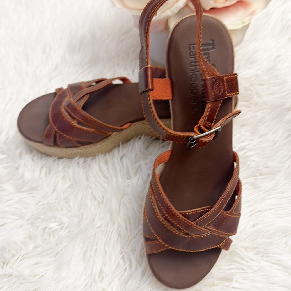 NEW Timberland Earthkeepers Brown Leather platform wedge sandals women size 7